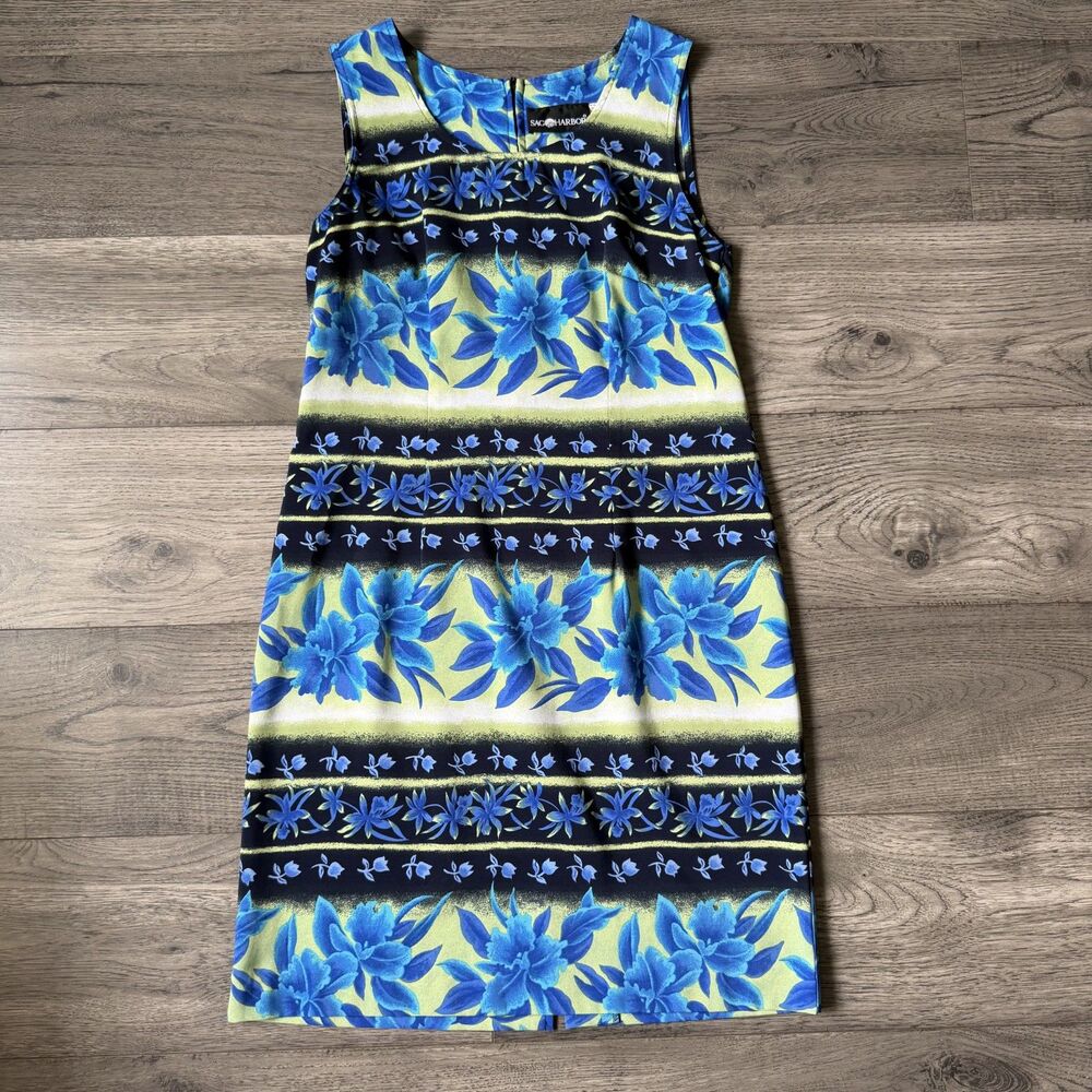 Sag Harbor Vintage Floral Shift Dress Blue Green Hibiscus‎ Sleeveless - Size 10